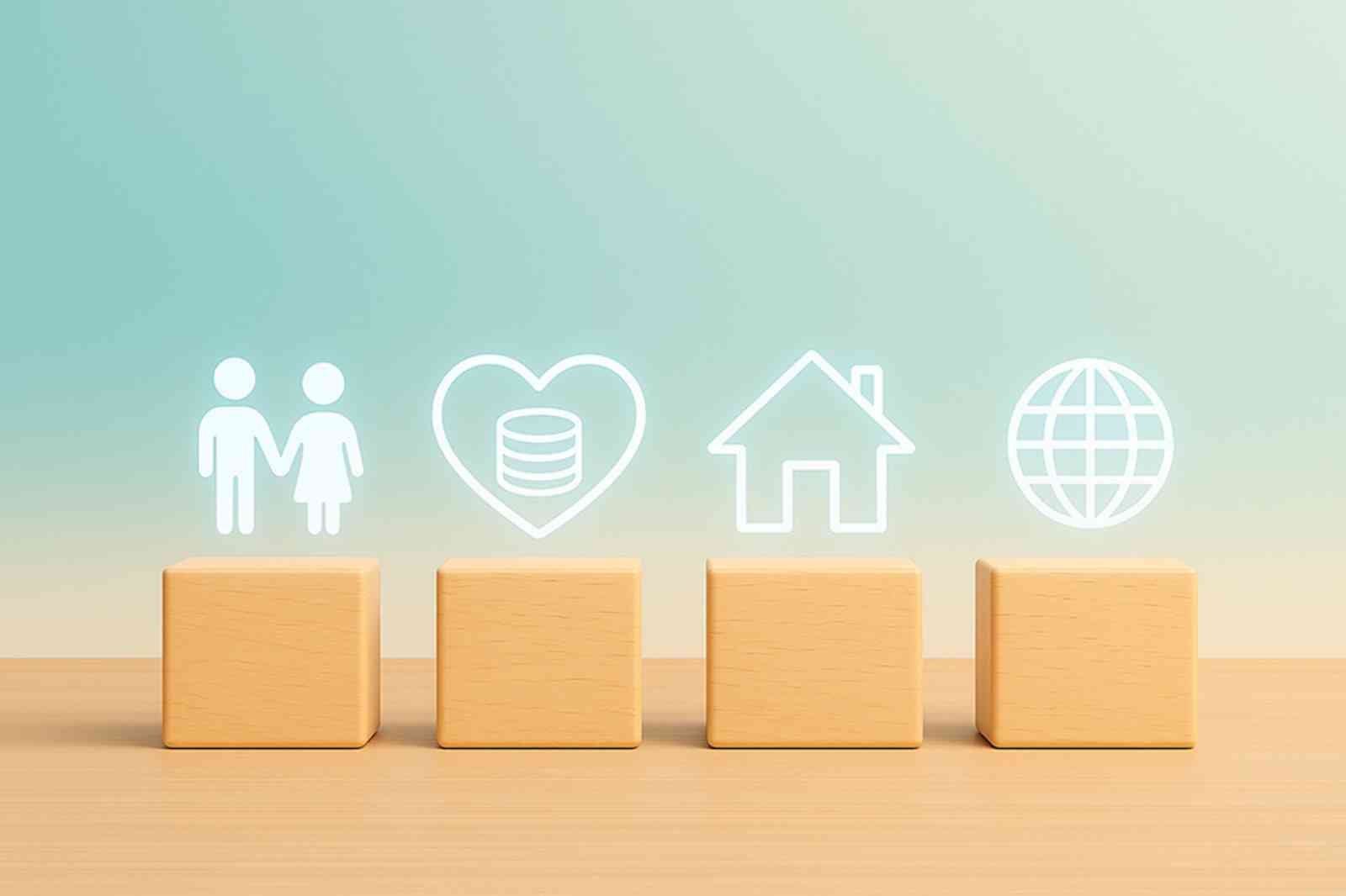 Icons zu Personen, Herz, Haus und Globus